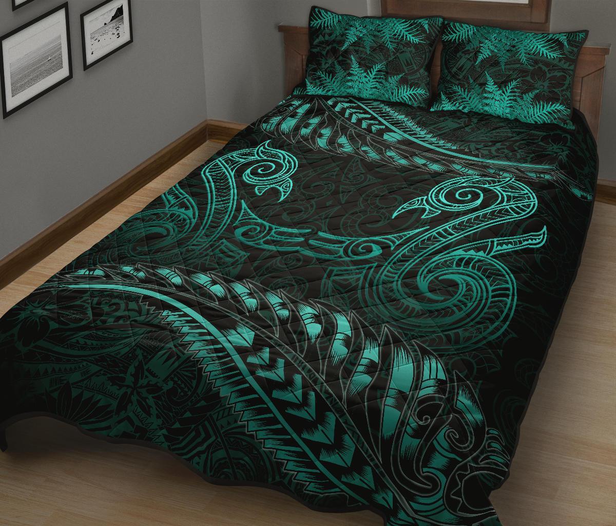 aotearoa-quilt-bed-set-turquoise-maori-manaia-with-silver-fern