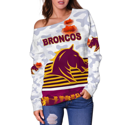 Brisbane Broncos Women's Off Shoulder Sweater Anzac Day Simple Style - White - Vibe Hoodie