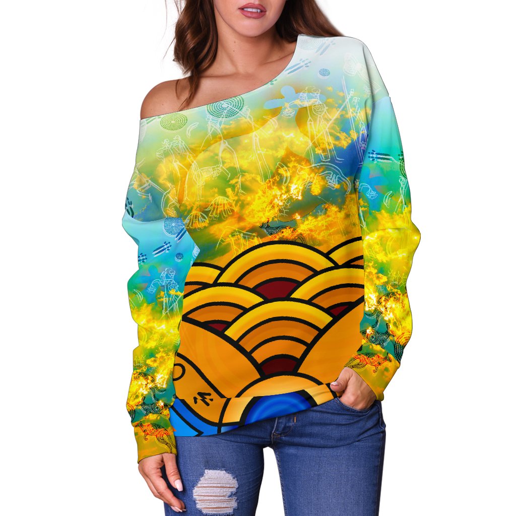 Aboriginal Women's Off Shoulder Sweater, Australia Kangaroo Sky - Vibe Hoodie