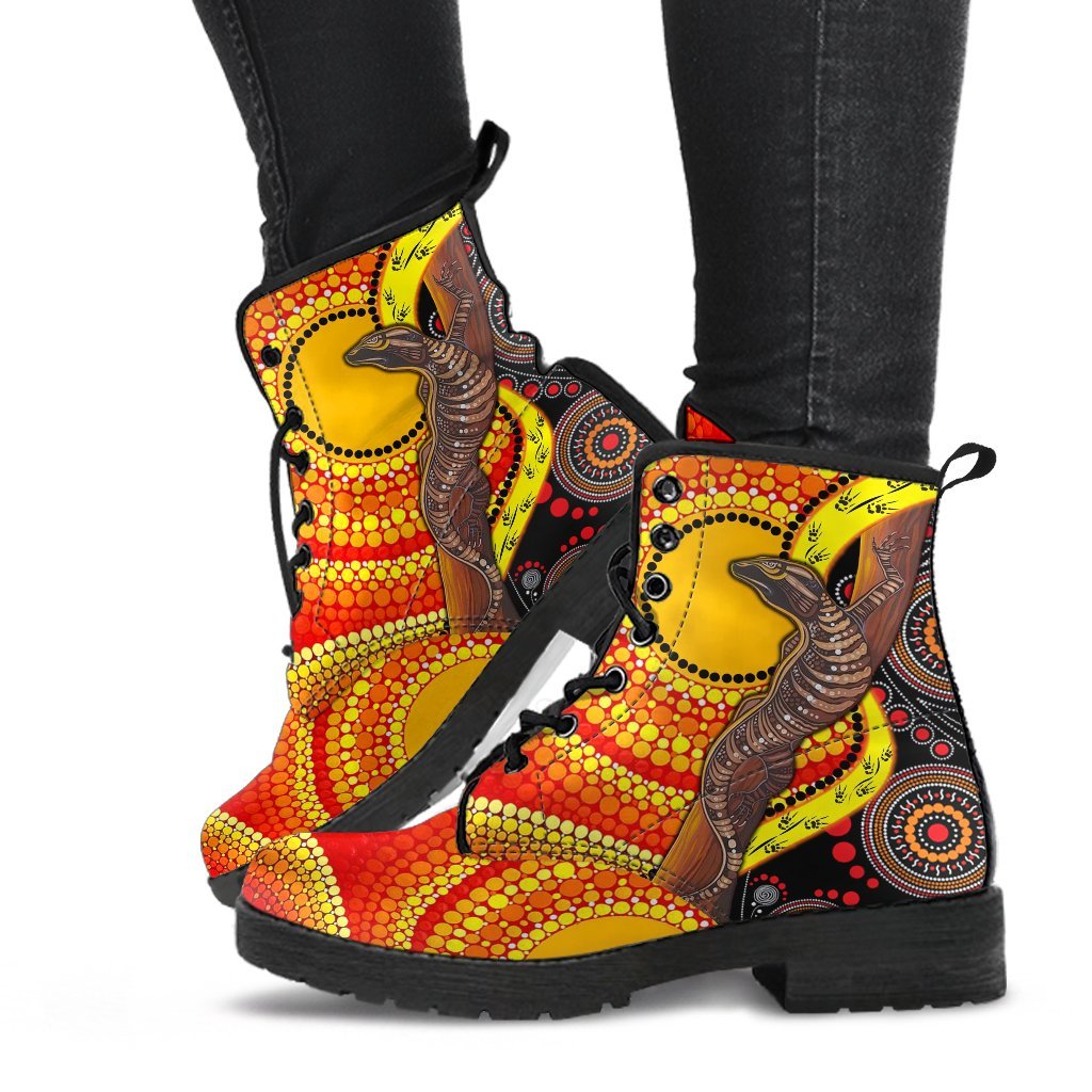leather-boots-australian-aboriginal-dot-painting-sun-and-lizard