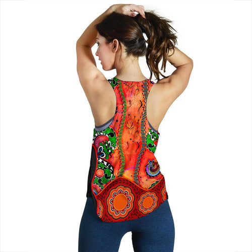 Aboriginal Women's Racerback Tank - Aussie Indigenous Patterns Orange - Vibe Hoodie