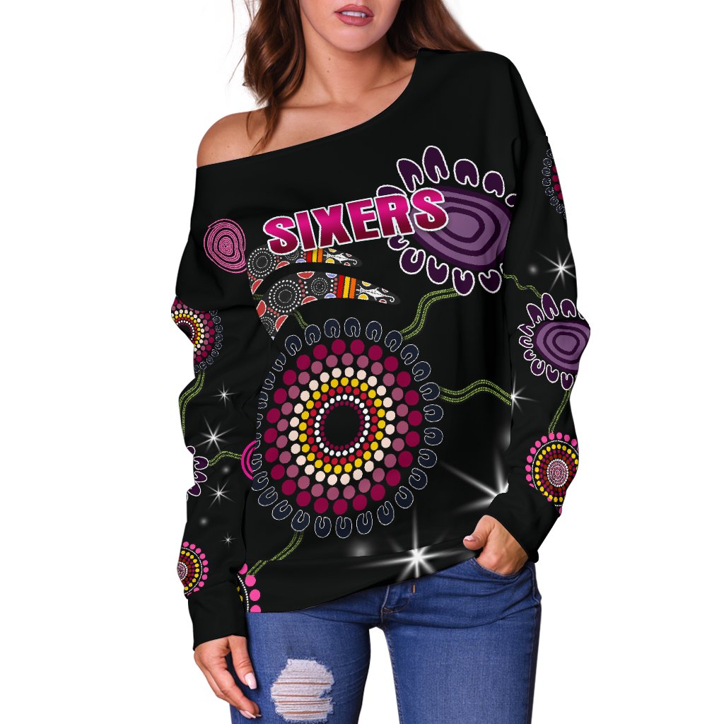 Sydney Women's Off Shoulder Sweater Sixers Indigenous - Black - Vibe Hoodie