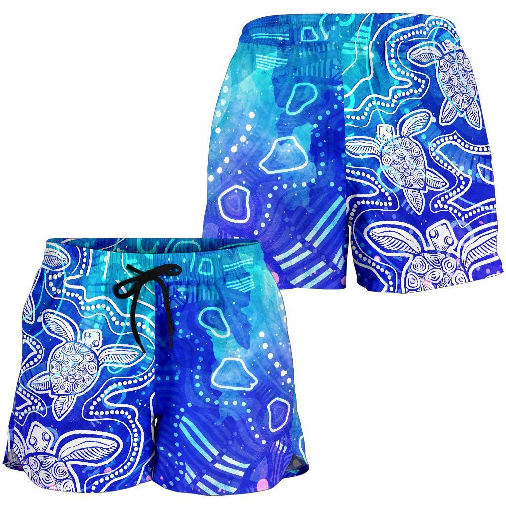 Aboriginal Women Shorts - Sea Turtle With Indigenous Patterns (Blue) - Vibe Hoodie