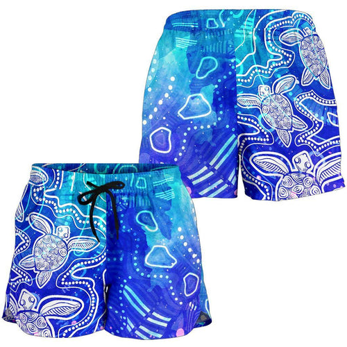 Aboriginal Women Shorts - Sea Turtle With Indigenous Patterns (Blue) - Vibe Hoodie
