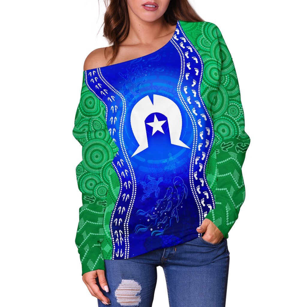 Torres Strait Islanders Women's Off Shoulder Sweater - Torres Symbol With Aboriginal Patterns - Vibe Hoodie