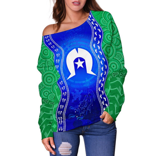 Torres Strait Islanders Women's Off Shoulder Sweater - Torres Symbol With Aboriginal Patterns - Vibe Hoodie