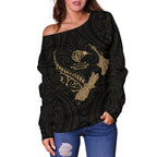 New Zealand Heart Women's Off Shoulder Sweater - Map Kiwi mix Silver Fern Gold - Vibe Hoodie