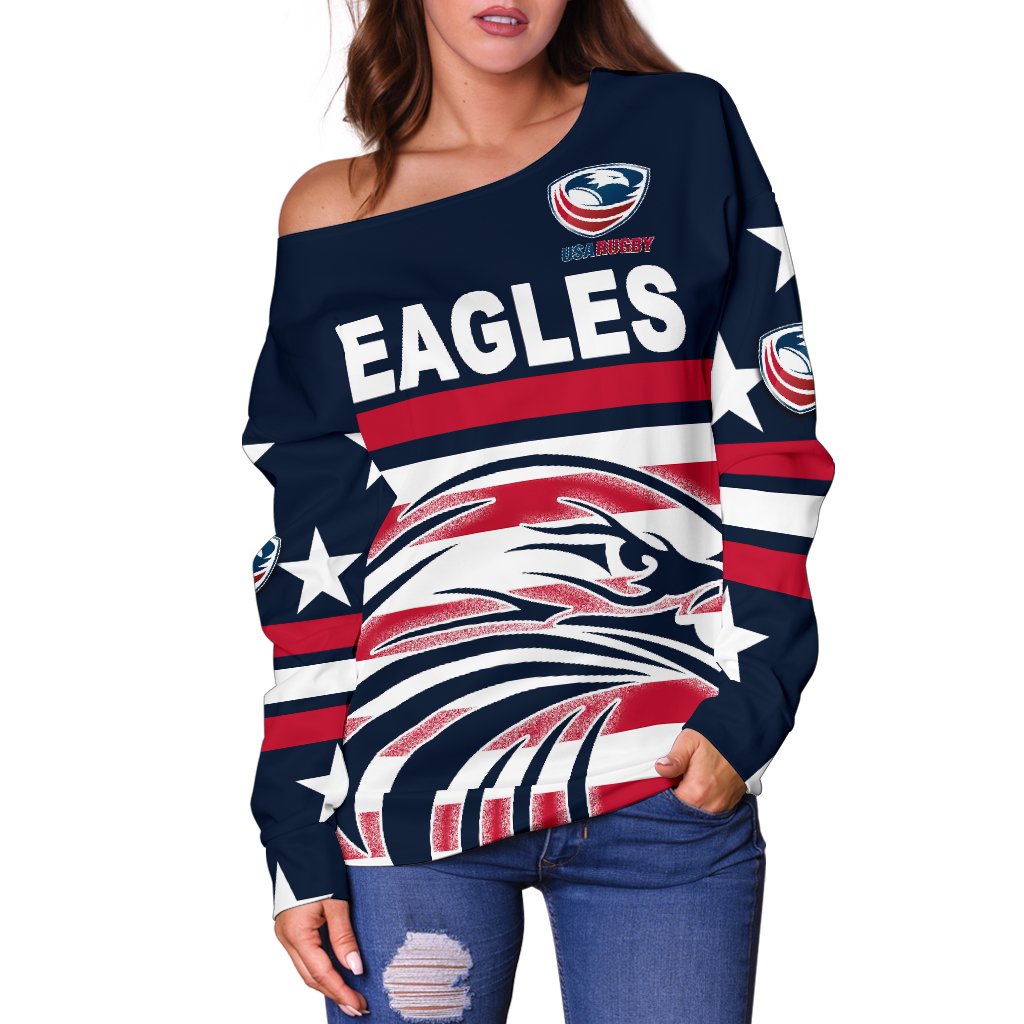 USA Rugby Women's Off Shoulder Sweater Eagles Simple Style - Navy - Vibe Hoodie