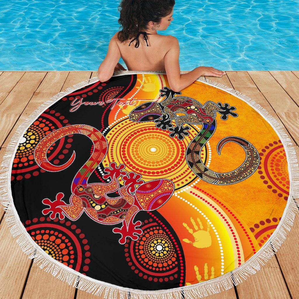 aboriginal-personalised-beach-blanket-couple-aboriginal-lizards
