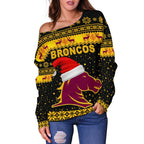 Brisbane Women Off Shoulder Sweater Broncos Christmas Unique Vibes - Black - Vibe Hoodie