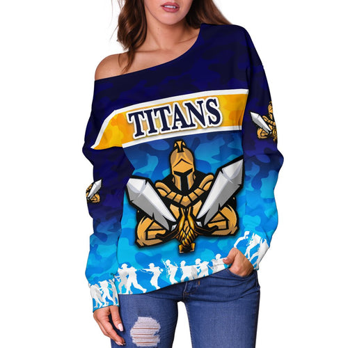 Gold Coast Women Off Shoulder Sweater Titans Gladiator Anzac Day 2021 Version - Camouflage - Vibe Hoodie