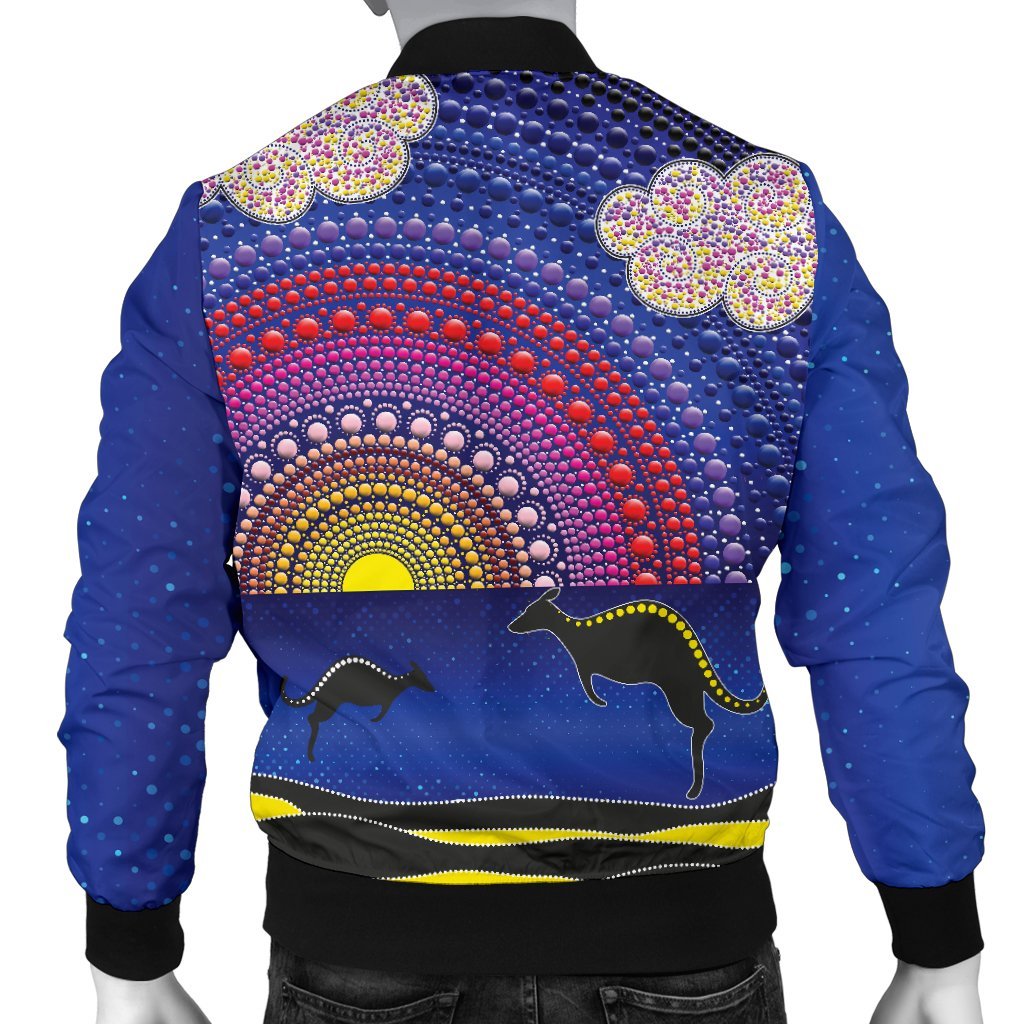 aboriginal-mens-bomber-jacket-sunset-over-the-sea-and-kangaroo-dot-painting