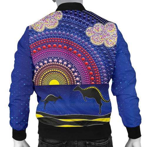 aboriginal-mens-bomber-jacket-sunset-over-the-sea-and-kangaroo-dot-painting