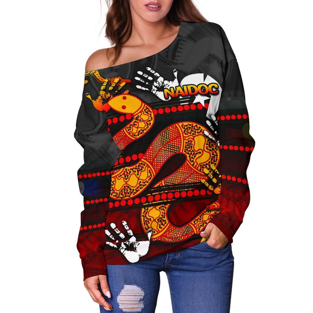 Naidoc Parramatta Eels Women's Off Shoulder Sweater Aboriginal Patterns Style Black - Vibe Hoodie