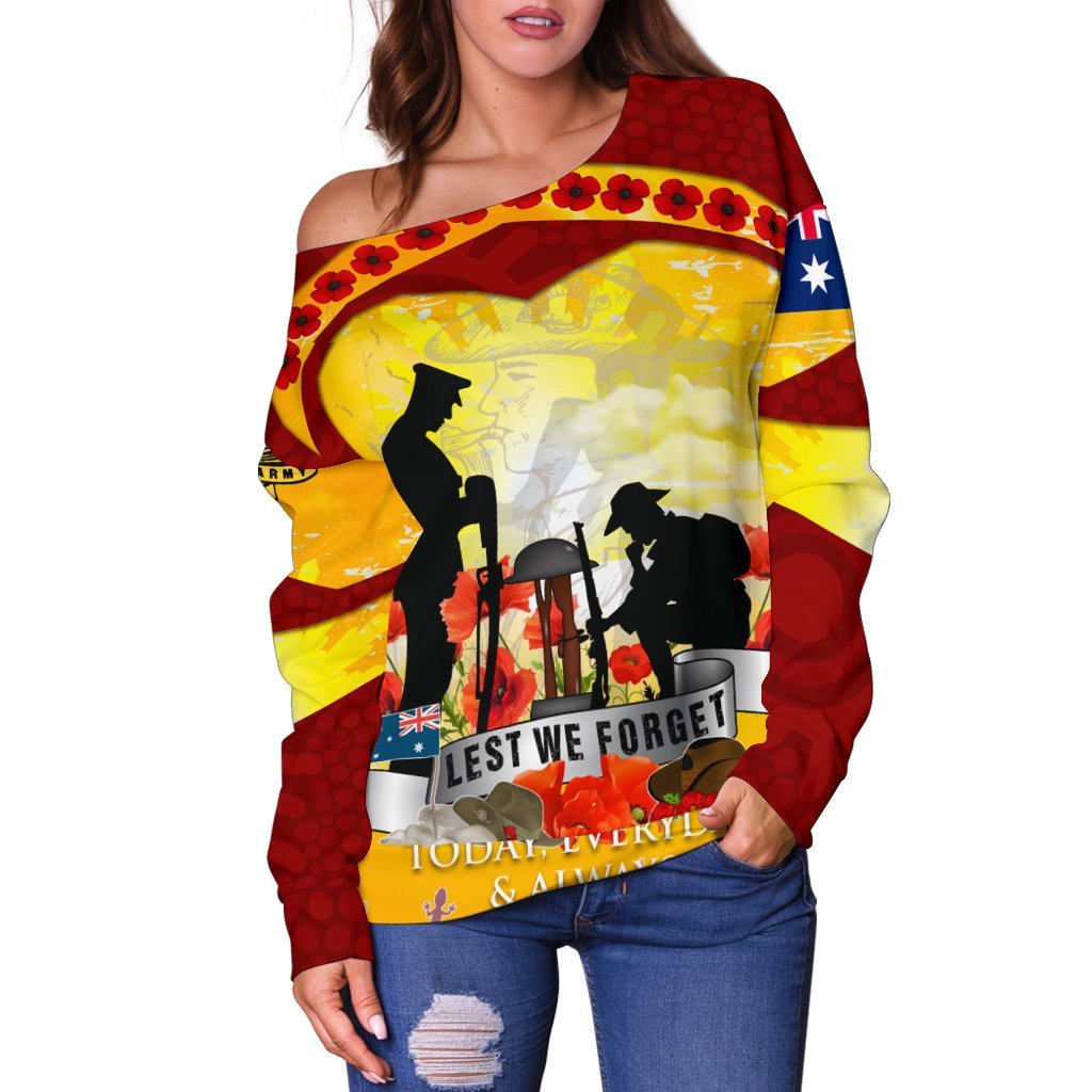 Anzac Women's Off Shoulder Sweater - Lest We Forget Aboriginal Version - Vibe Hoodie