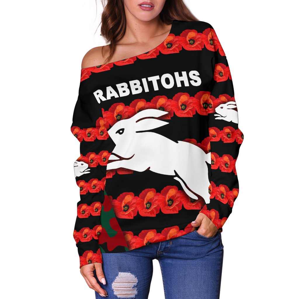 South Sydney Rabbitohs Women's Off Shoulder Sweater Anzac Day Poppy Flower Vibes - Vibe Hoodie