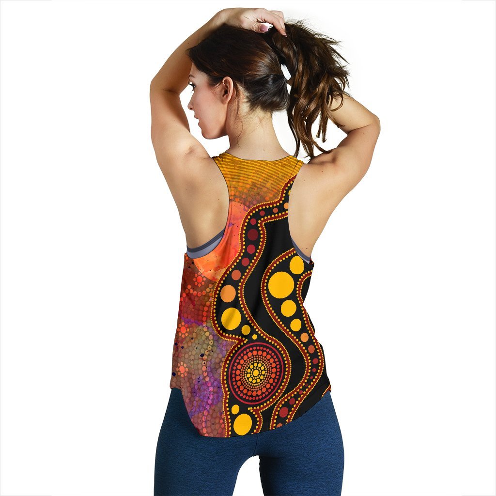 Aboriginal Women's Racerback Tank - Australia Indigenous Flag Circle Dot Painting Art (Golden) - Vibe Hoodie
