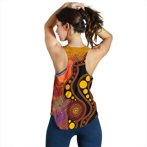Aboriginal Women's Racerback Tank - Australia Indigenous Flag Circle Dot Painting Art (Golden) - Vibe Hoodie
