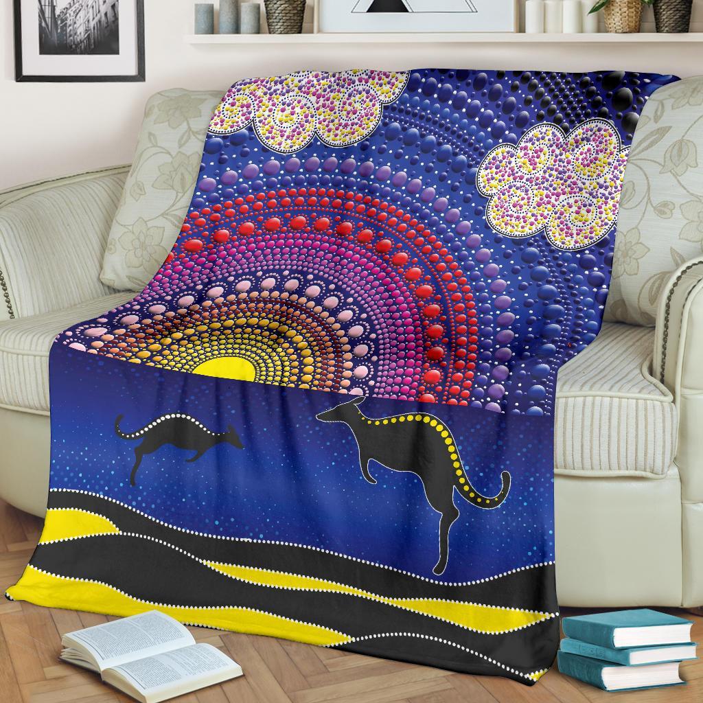 aboriginal-premium-blanket-sunset-over-the-sea-and-kangaroo-dot-painting