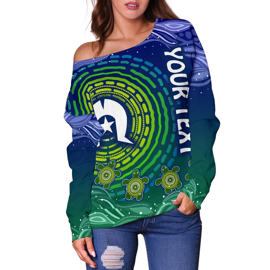[Custom Text] Torres Strait Islanders Women's Off Shoulder Sweater - Aboriginal Turtle - Vibe Hoodie