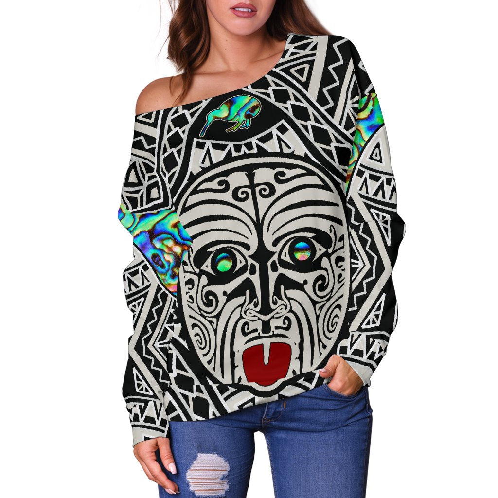 Integrity Maori Ta Moko Women Off Shoulder Sweater Kiwi and Paua - Vibe Hoodie