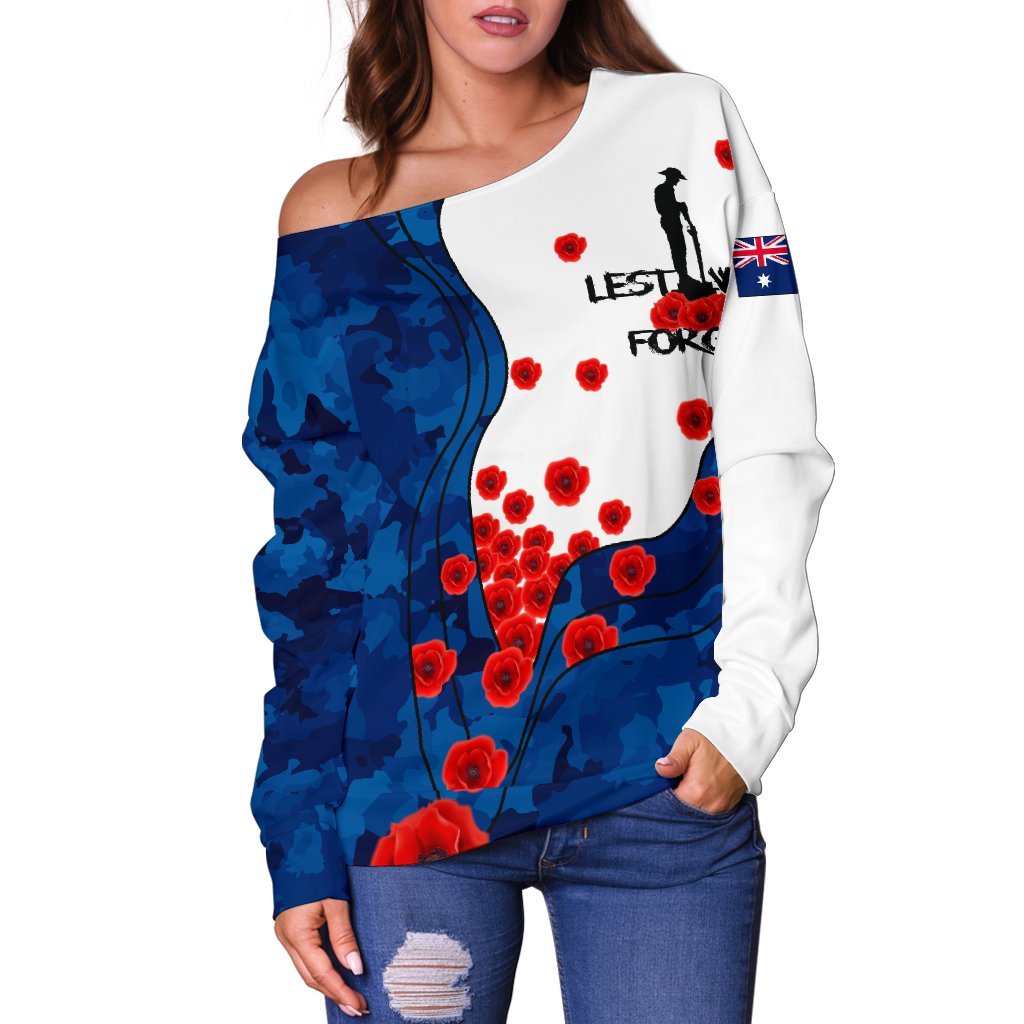 Anzac Lest We Forget Women's Off Shoulder Sweater - Australian Flag Blue - - Vibe Hoodie