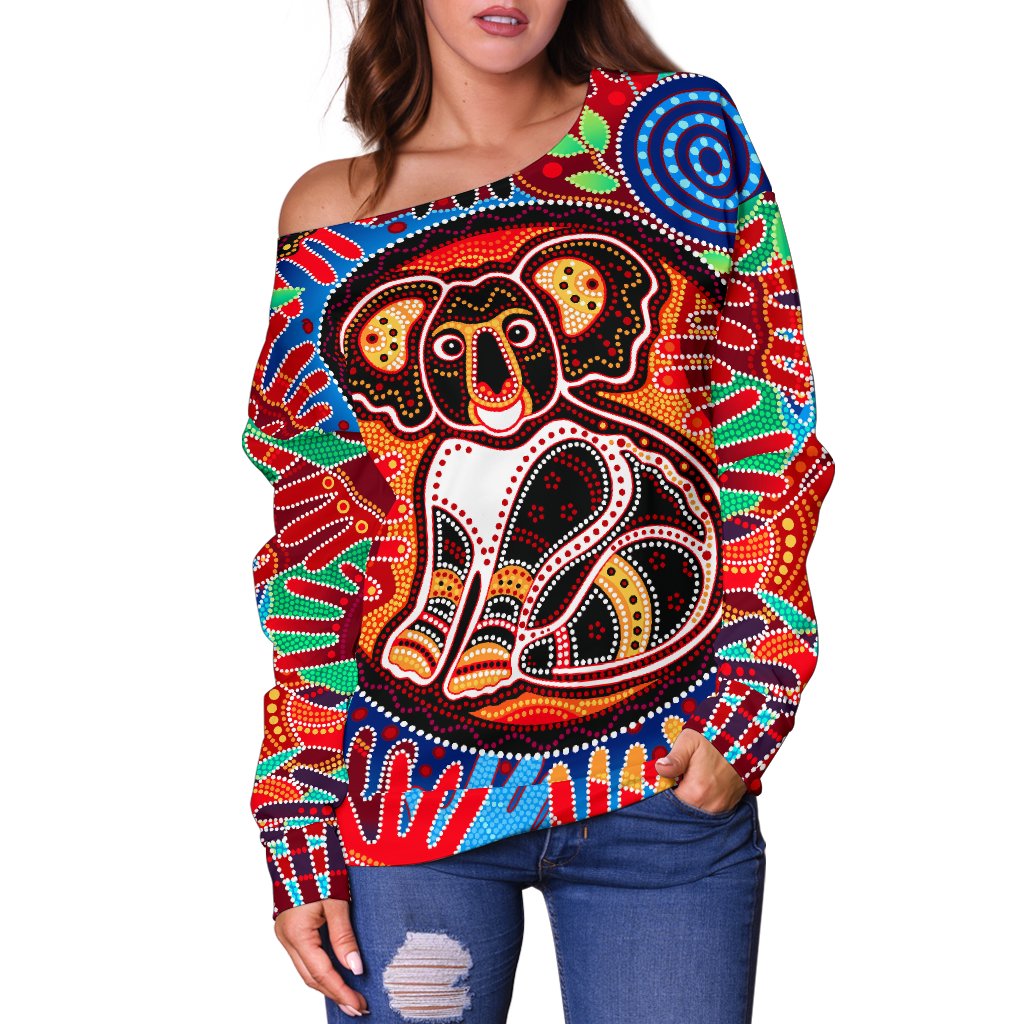 Aboriginal Off Shoulder Sweater, Koala and Hand Art Dot Painting Sweater - Vibe Hoodie