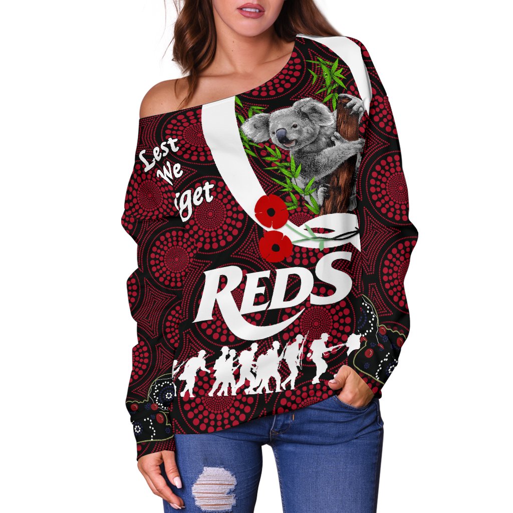 Australia Women's Off Shoulder Sweater Queensland Reds Lest We Forget - Koala - Vibe Hoodie