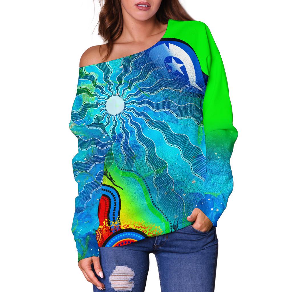 Off Shoulder Sweater - Torres Strait Islanders Flag with Aboriginal Patterns Sweater - Vibe Hoodie