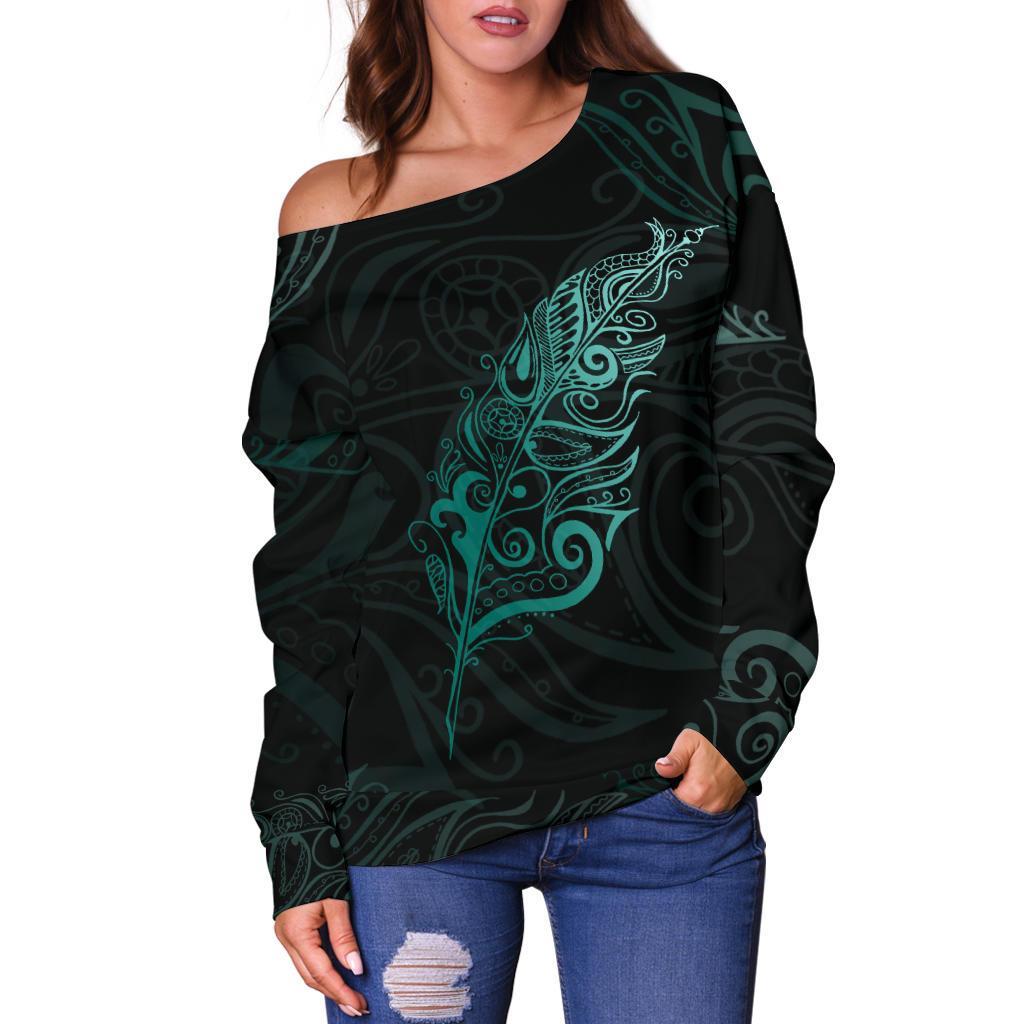 Light Silver Fern Off Shoulder Sweater - Turquoise - Vibe Hoodie