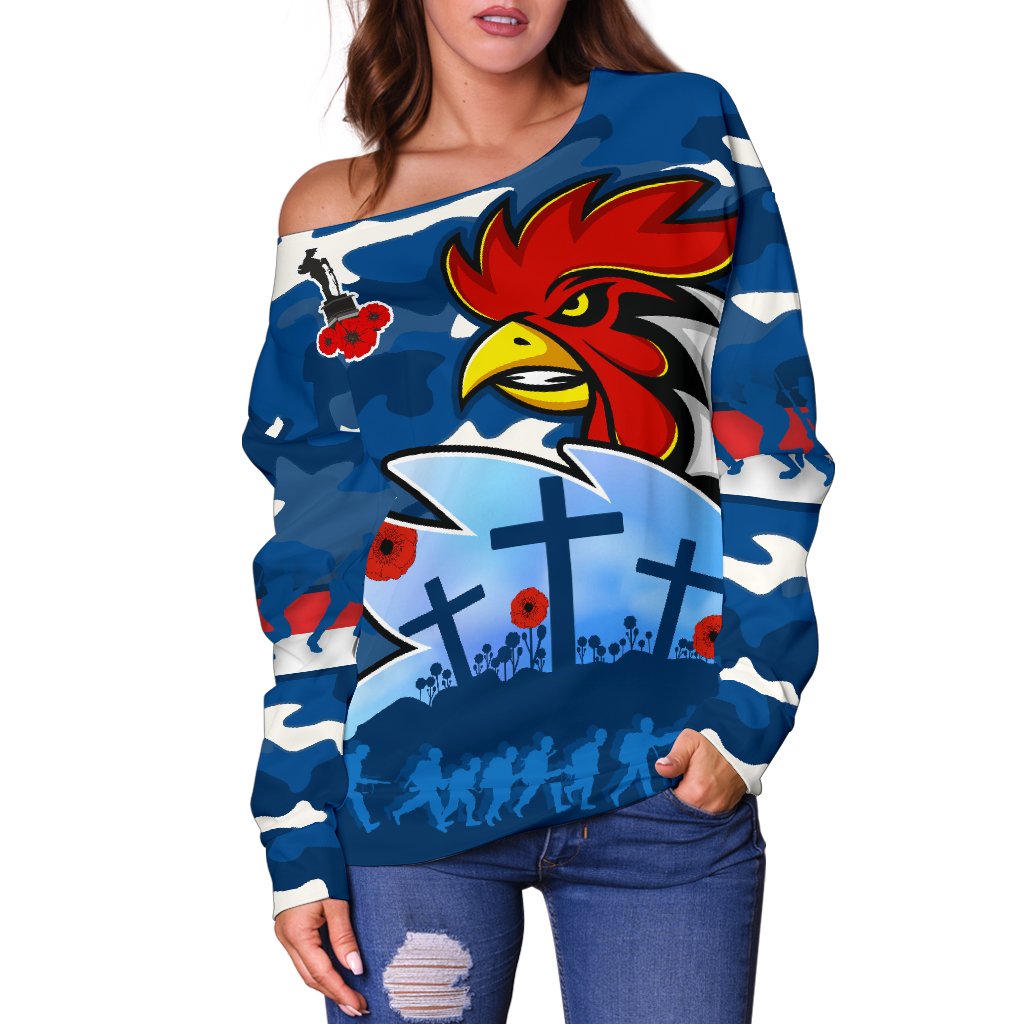 Roosters Anzac Day Off Shoulder Sweater Military - Blue - Vibe Hoodie
