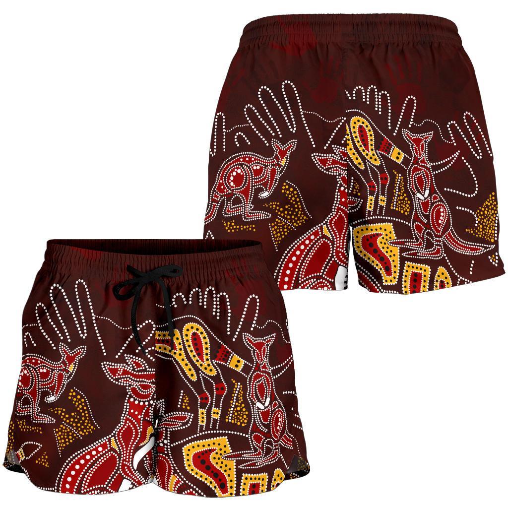 Aboriginal Women's Shorts - Kangaroo family with Hand Art - Vibe Hoodie