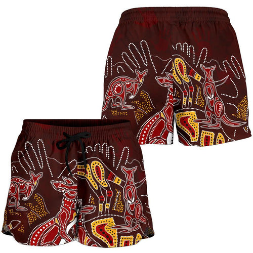 Aboriginal Women's Shorts - Kangaroo family with Hand Art - Vibe Hoodie