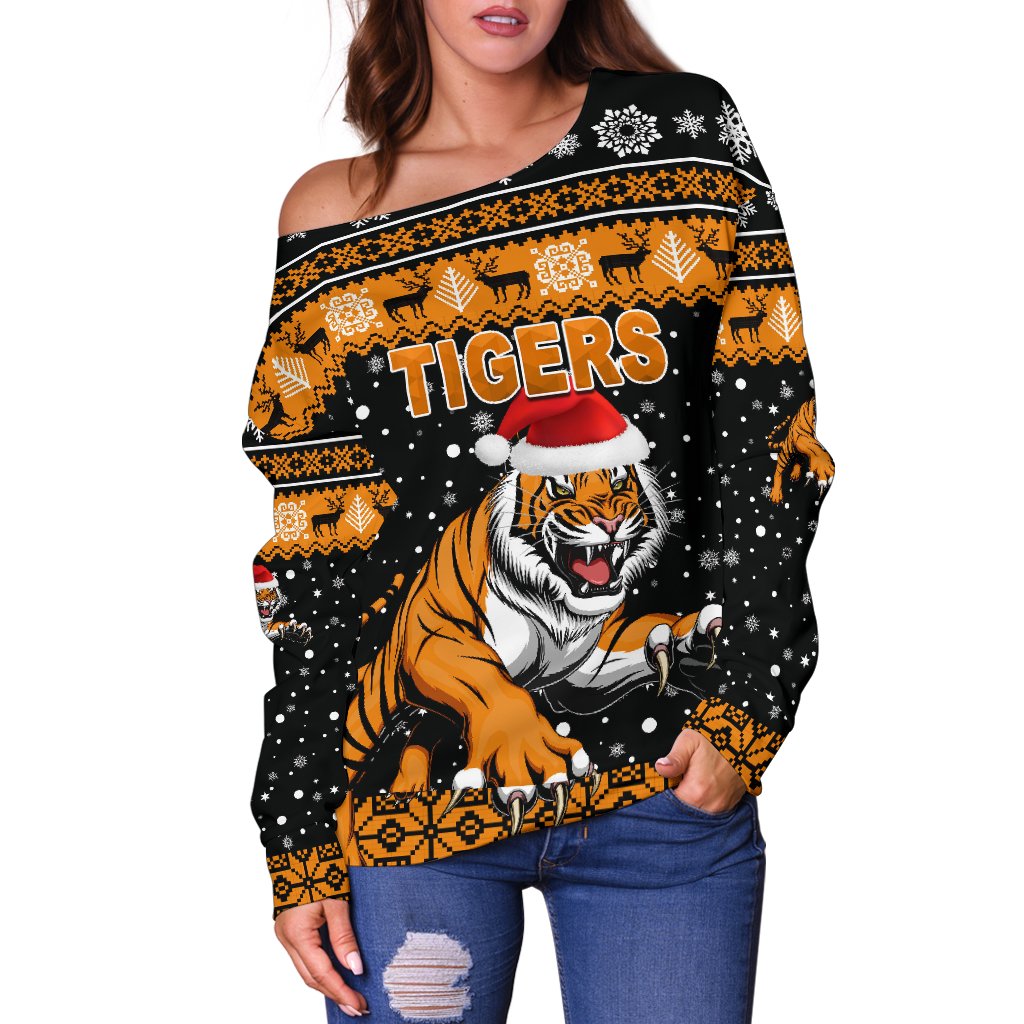 Wests Christmas Women's Off Shoulder Sweater Tigers Unique Vibes - Black - Vibe Hoodie