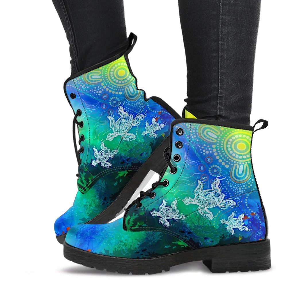 aboriginal-leather-boots-indigenous-turtle-ocean-dot-painting-art