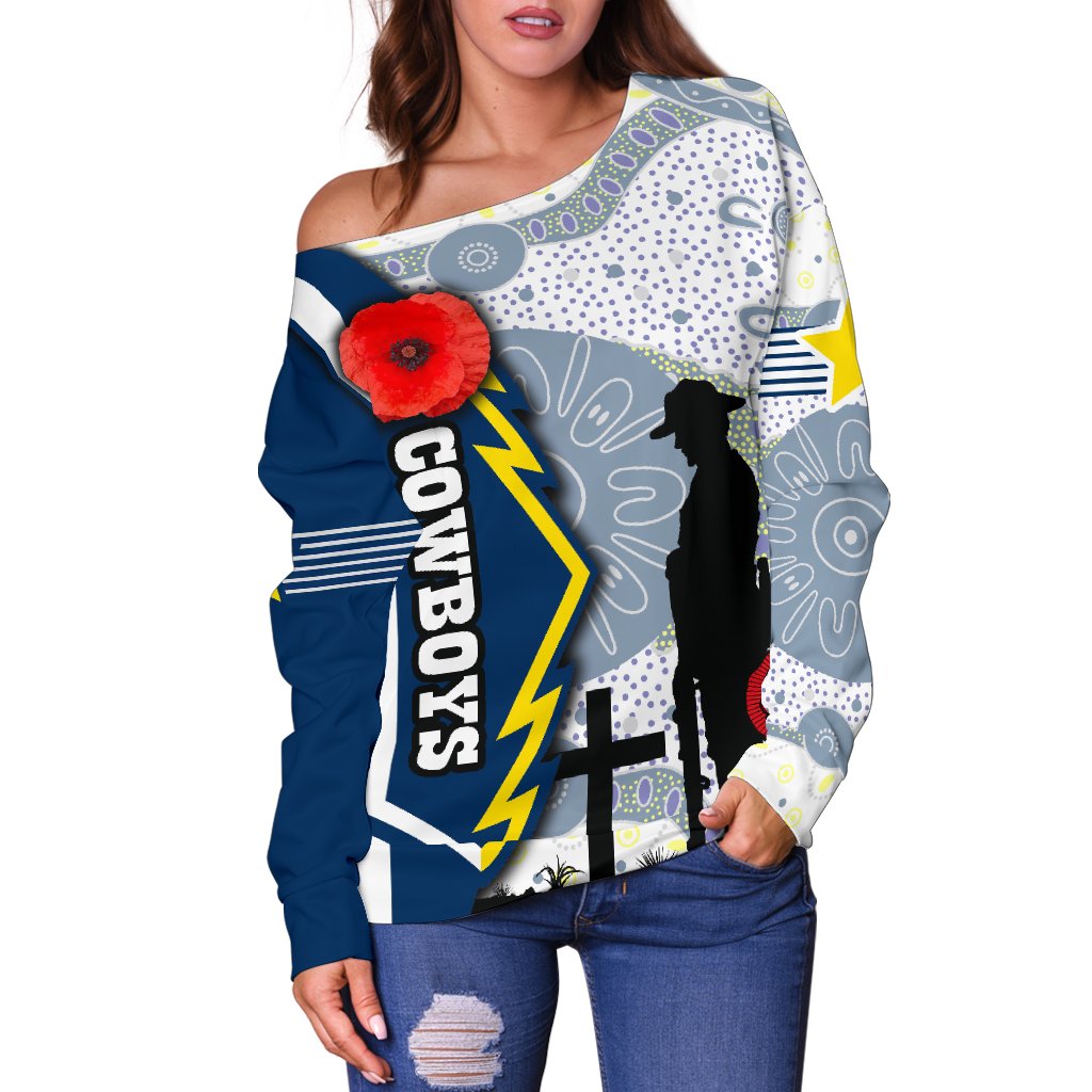 Cowboys Women Off Shoulder Sweater North Aboriginal Anzac Day - Vibe Hoodie
