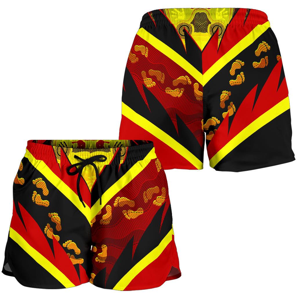 Aboriginal Women's Shorts -  Indigenous Flag With Footprint Hand Art- - Vibe Hoodie