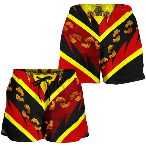 Aboriginal Women's Shorts -  Indigenous Flag With Footprint Hand Art- - Vibe Hoodie