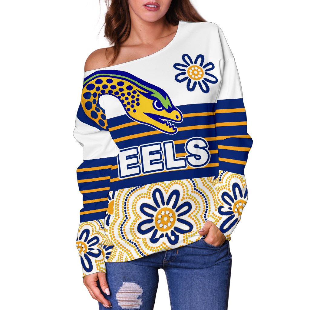 Eels Rugby Off Shoulder Sweater Indigenous Parramatta Newest White - Vibe Hoodie