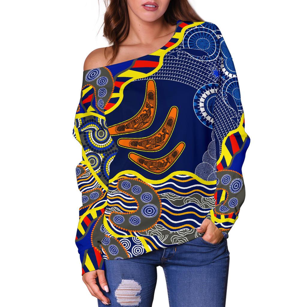 Aboriginal Off Shoulder Sweater, Australian Boomerang Dot Painting Art - Vibe Hoodie
