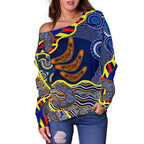 Aboriginal Off Shoulder Sweater, Australian Boomerang Dot Painting Art - Vibe Hoodie