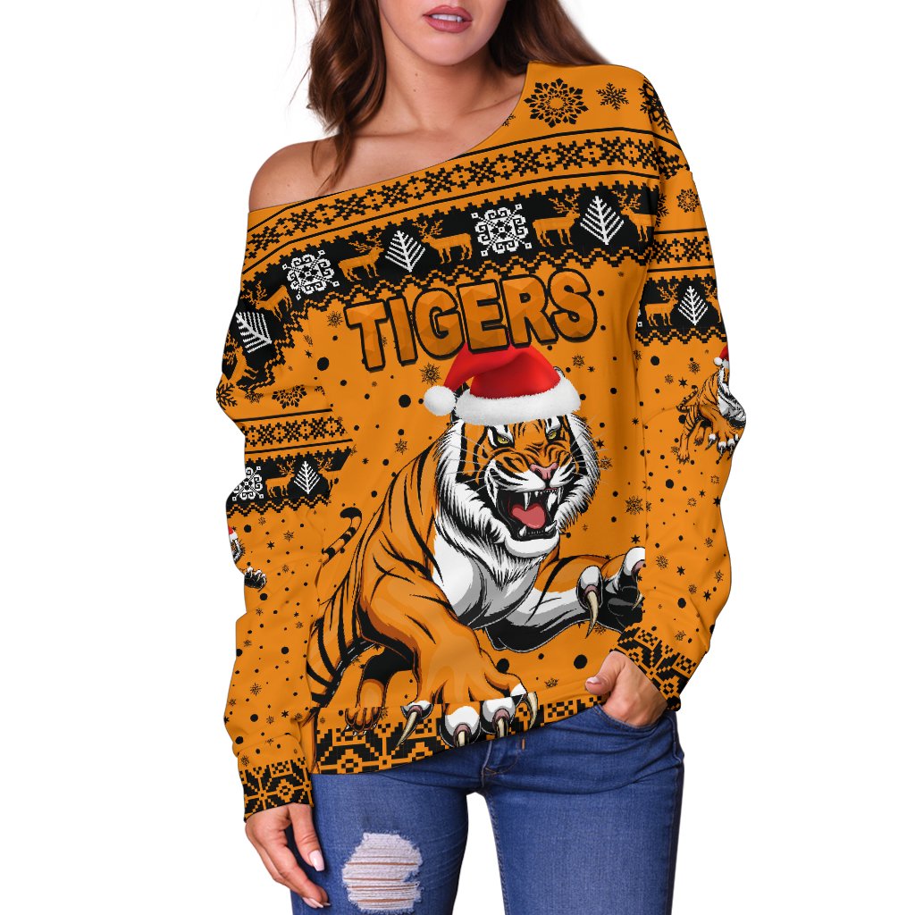 Wests Christmas Women's Off Shoulder Sweater Tigers Unique Vibes - Orange - Vibe Hoodie
