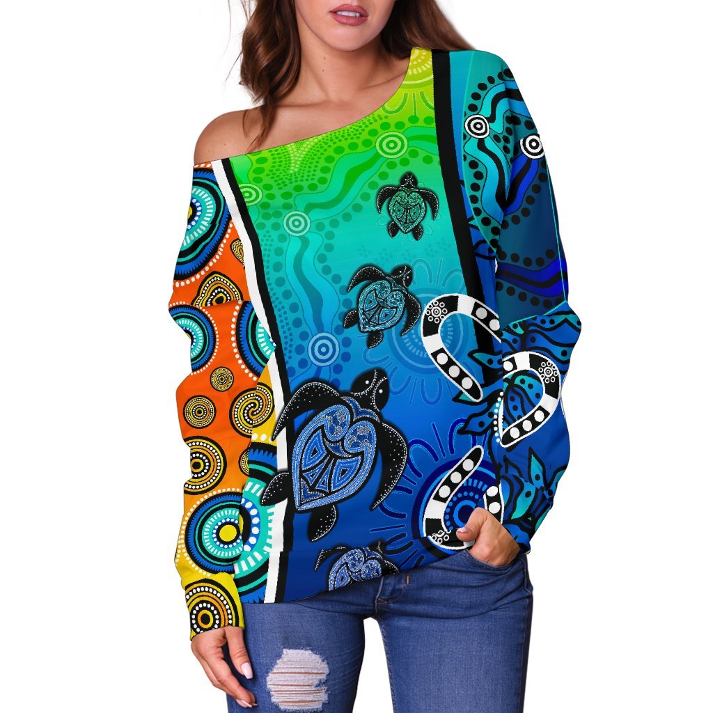 Aboriginal Women's Off Shoulder Sweater  - Indigenous Turtle Dot Painting Art - Vibe Hoodie