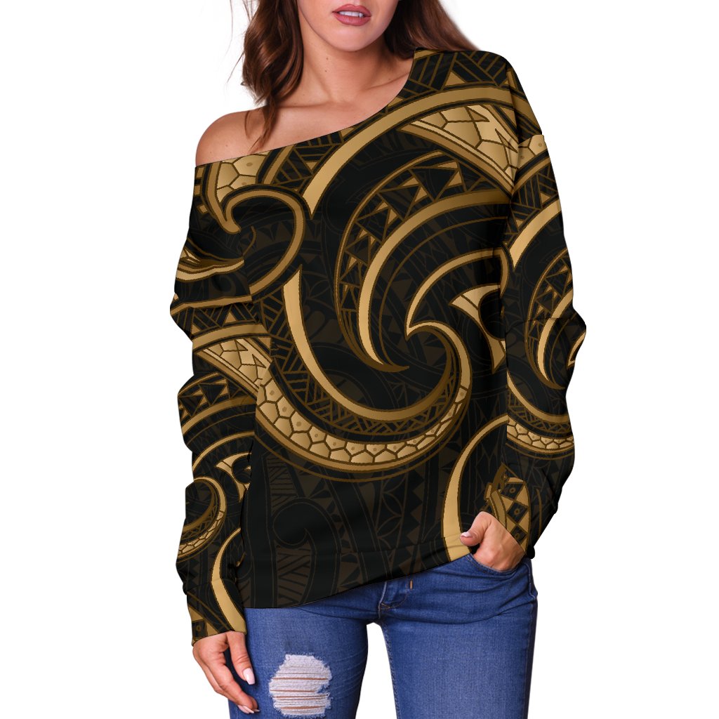 New Zealand Maori Mangopare Women Off Shoulder Sweater Polynesian - Gold - Vibe Hoodie