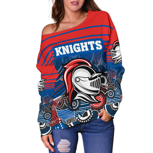 (Custom Personalised) Knights Women's Off Shoulder Sweater Newcastle Aboriginal Horizontal Style - Vibe Hoodie