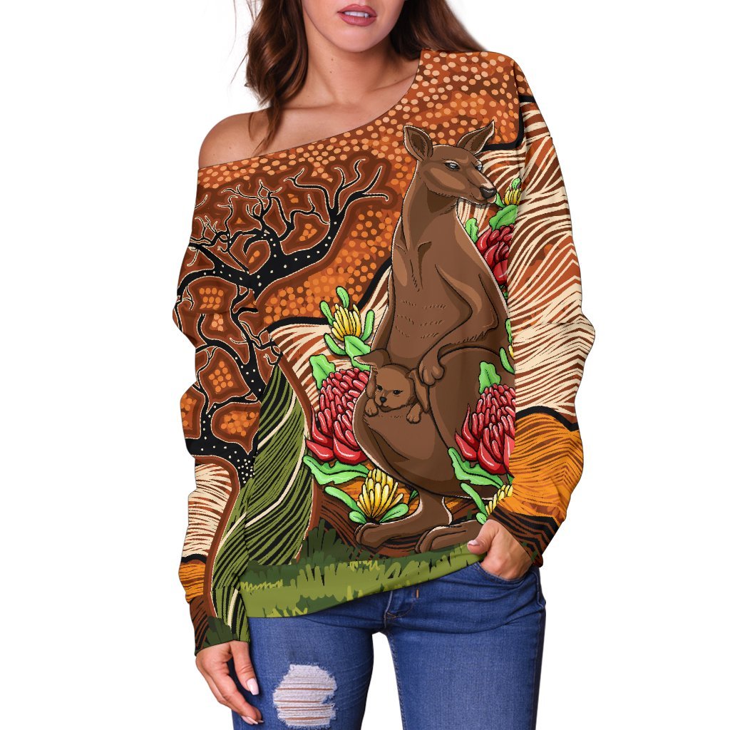 Aboriginal Women's Off Shoulder Sweater - Kangaroo With Indigenous Tree - Vibe Hoodie