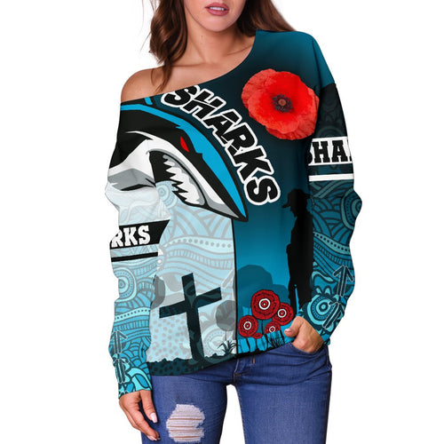 Sharks Women's Off Shoulder Sweater Cronulla Anzac Day - Vibe Hoodie
