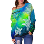 [Custom Text] Aboriginal Women's Off Shoulder Sweater - Indigenous Turtle Ocean Dot Painting Art - Vibe Hoodie