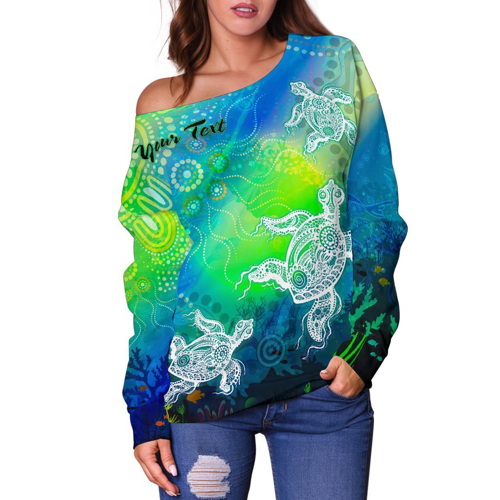 [Custom Text] Aboriginal Women's Off Shoulder Sweater - Indigenous Turtle Ocean Dot Painting Art - Vibe Hoodie
