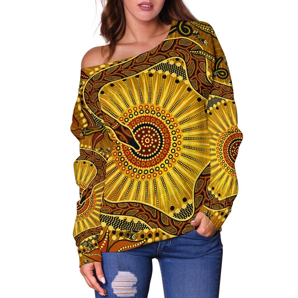 Off Shoulder Sweater - Australian Aboriginal Snake - Rainbow Serpent - Vibe Hoodie